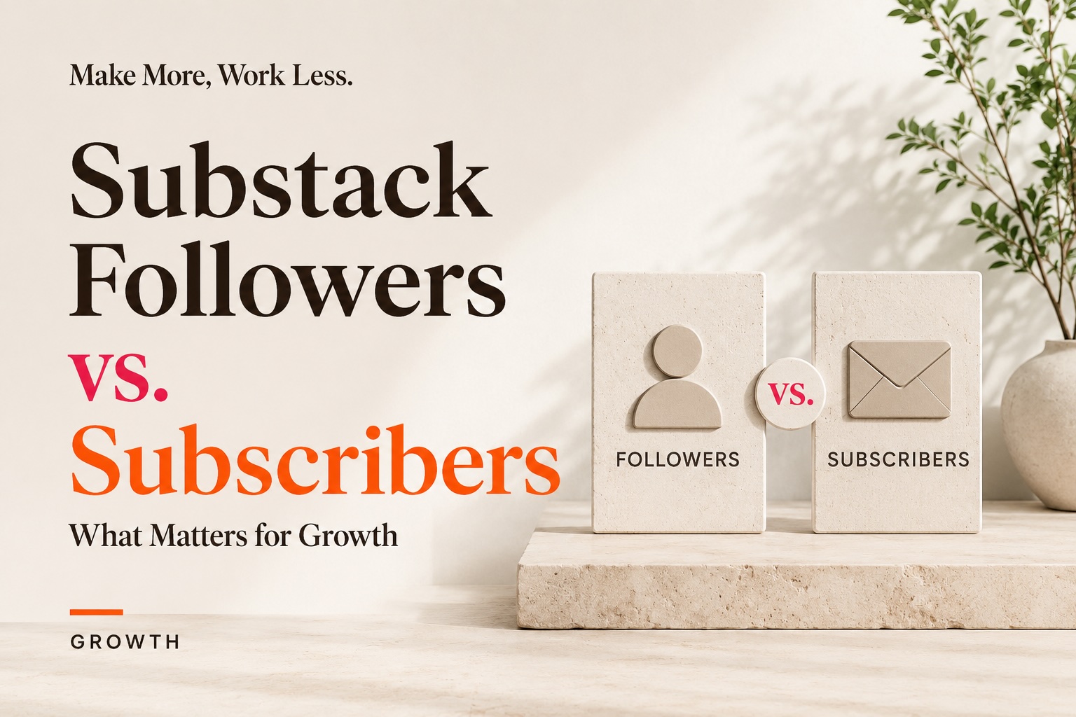 Graphic titled Substack Followers vs. Subscribers showing two stone tiles side by side, one with a person icon labeled Followers and one with an envelope icon labeled Subscribers.
