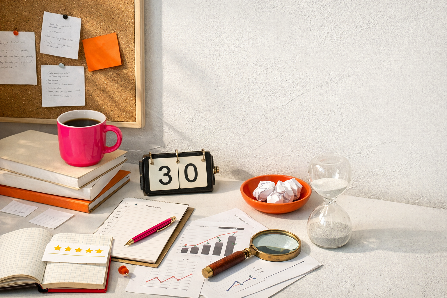 A styled desk scene with a notebook, a pink cup and an orange bookmark, set for a planning session
