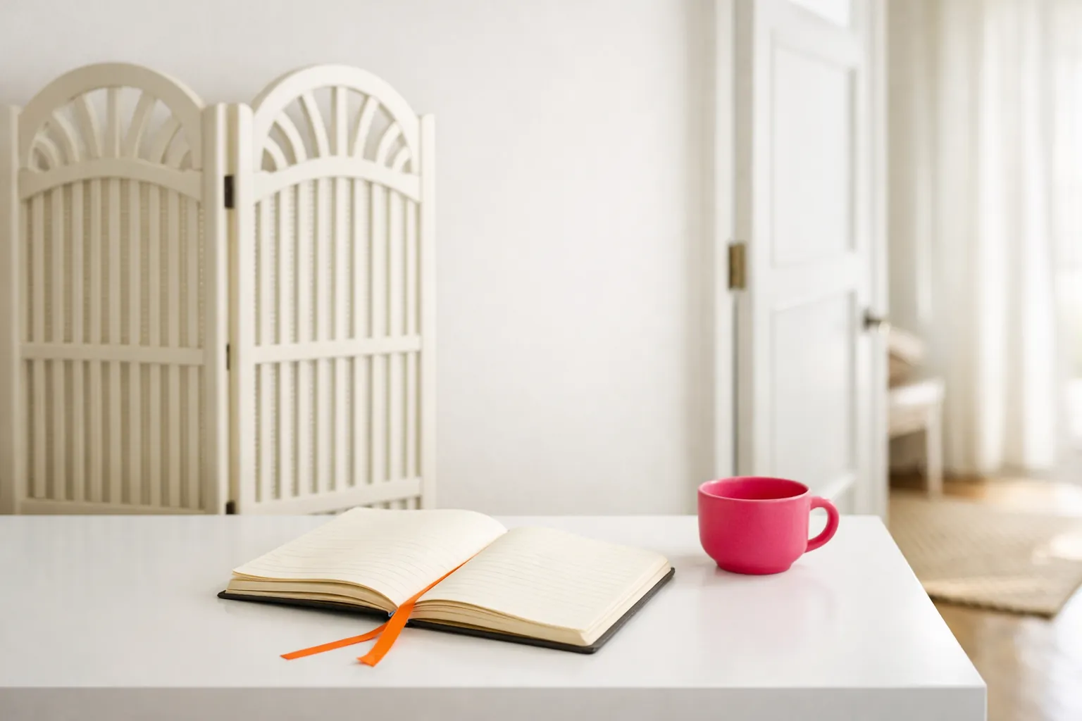 A bright home office corner with an open door beside a closed wooden screen, a notebook, a pink cup and an orange bookmark